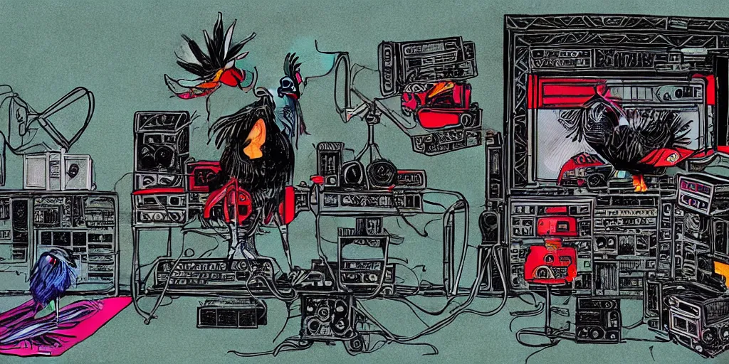 Image similar to 'black rooster'!!! smoking 'cannabis'!!!!!! in front of 'audio console'!!!! and 'multi monitors and projectors'!!!! 'in a hi-tech tv broadcasting studio with red camera rig'!!!!, artwork by James Gilleard