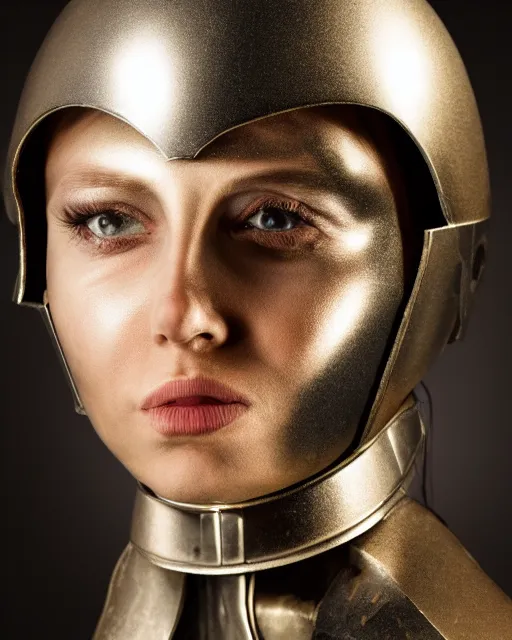 Image similar to realistic photo portrait of a metal hero woman with human head, studio lighting, 1 5 0 mm