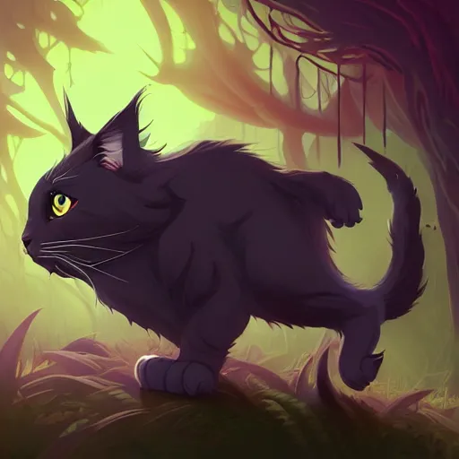 Prompt: a big and dark gray maine coon cat and a small black cat, fanart ornate fantasy ori and the blind forest cover style official behance hd artstation by Jesper Ejsing, by RHADS, Makoto Shinkai and Lois van baarle, ilya kuvshinov, rossdraws pastel vibrant