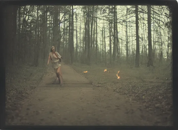 Image similar to medium shot, a young woman towards the camera, a demon is chasing her, woods, polaroid photo, vintage, neutral colors, by gregory crewdson