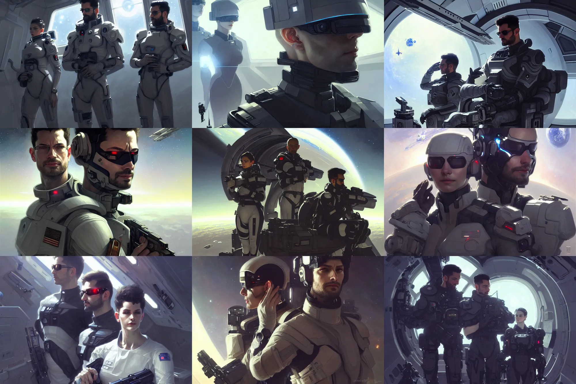 Prompt: Sensual beautiful pale young soldiers wearing Deus Ex Human Revolution clothing in a space station above Earth, military, portrait, elegant, intricate, digital painting, artstation, concept art, smooth, sharp focus, illustration, art by artgerm and greg rutkowski and alphonse mucha