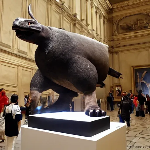 Image similar to bad taxidermy Blastoise on display at the Louvre Museum, wide angle lens