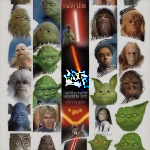 Image similar to poster for Star Wars but every character is Yoda