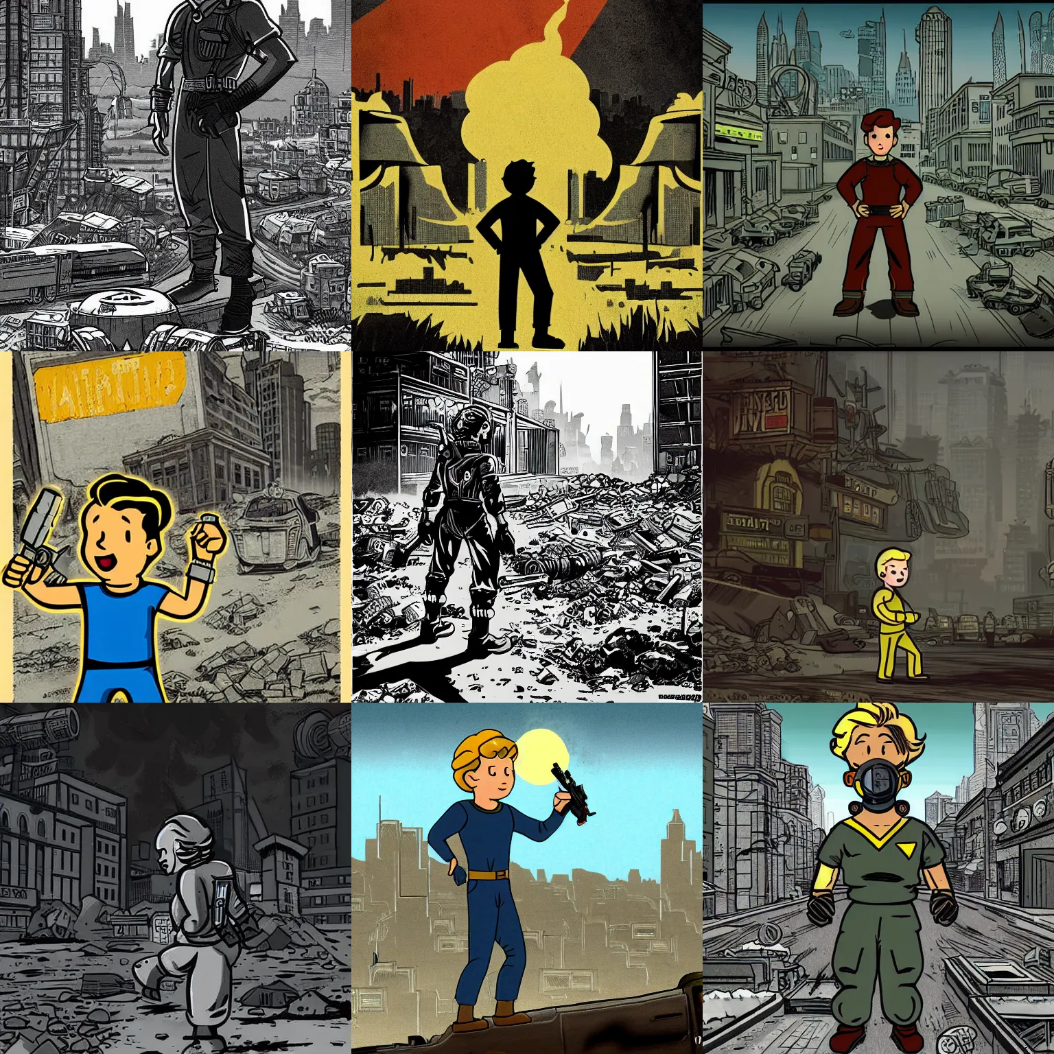 Prompt: a vault boy in postapocalypse city, 1 9 5 0 propaganda style, ultra detailed, arstation, fallout