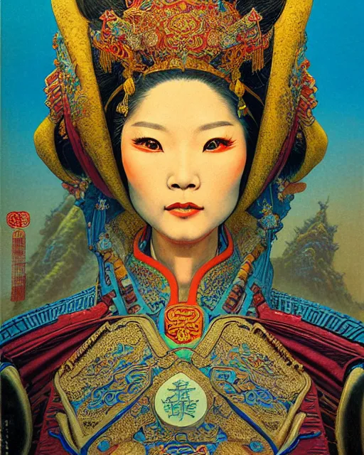 Image similar to chinese empress, character portrait, portrait, close up, concept art, intricate details, highly detailed, ornate, chinese patterns, soft light, vintage sci - fi poster, in the style of chris foss, rodger dean, moebius, michael whelan, and gustave dore