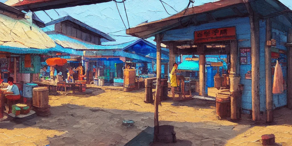 Prompt: interior of a small kopitiam at pulau indah fishing village, near a jetty, early morning, detailed painting, low angle view, telephoto lens, bokeh, hayao miyazaki, studio ghibli, artstation