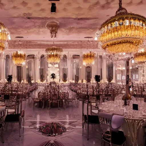 Image similar to photo, a giant monstrous creature made out of shiny glittering reflecting ornate elegant crystal stemware, inside a grand huge elegant ballroom