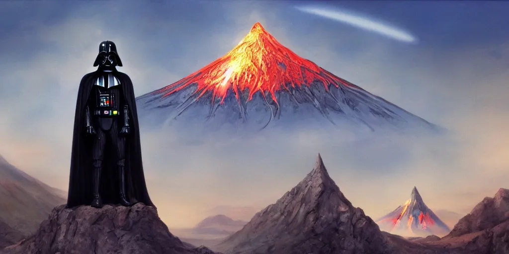 Image similar to Darth Vader and Sauron with Mount Doom in the background by Boris Vallejo, concept art, high detail, ArtStation