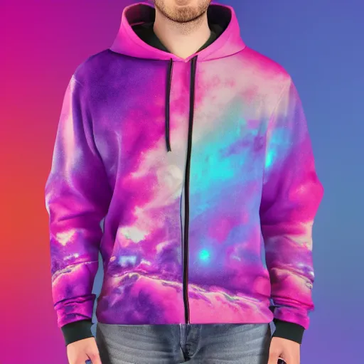 Image similar to product mockup photography of an all over print hoodie in Vaporwave style, 4K high resolution studio photo