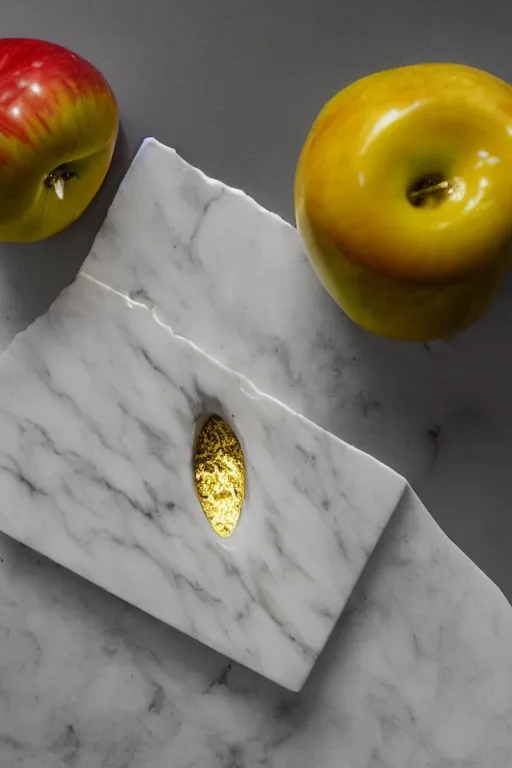 Image similar to Photo of a calacatta marble sculpture of an apple with dripping gold paint, studio lighting, high resolution, award winning.