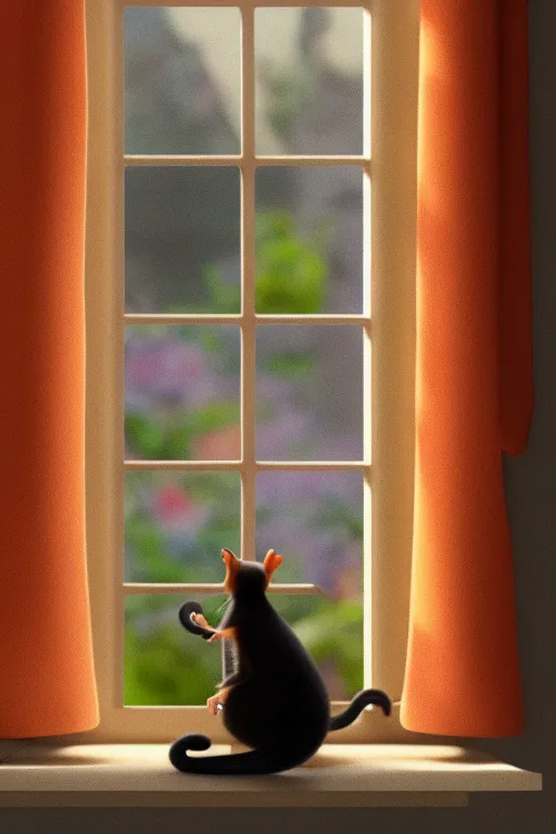 Image similar to beautiful cat holding one cup of coffee at house window. Pixar Disney 4K 3d render funny animation movie Oscar winning trending on ArtStation and Behance. Ratatouille style.