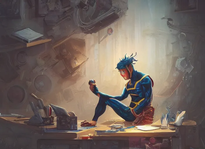 Image similar to an insanely detailed painting of an asian man wearing a homemade superhero costume, sitting at a desk, staring seriously at the computer and typing, in the style of peter mohrbacher, james jean, artgerm, dramatic lighting and composition, surreal background, octane render, pixar, trending on artstation, concept art, comic book, view from behind, 8 k