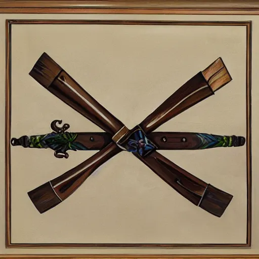 Image similar to painting of a bow on a weapons rack