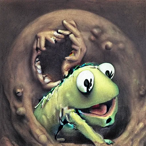 Image similar to “Kermit the Frog Devouring His Son” by Francisco Goya, in the style of “Saturn Devouring His Son”, fresco, horror