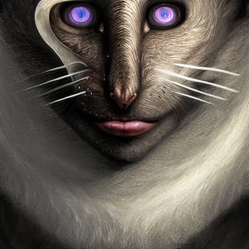 Image similar to photorealistic khajit from skyrim in the style of michael whelan and gustave dore. hyperdetailed photorealism, 1 0 8 megapixels, fully clothed, lunar themed attire, amazing depth, glowing rich colors, powerful imagery, psychedelic overtones, 3 d finalrender, 3 d shading, cinematic lighting, face portrait, artstation concept art