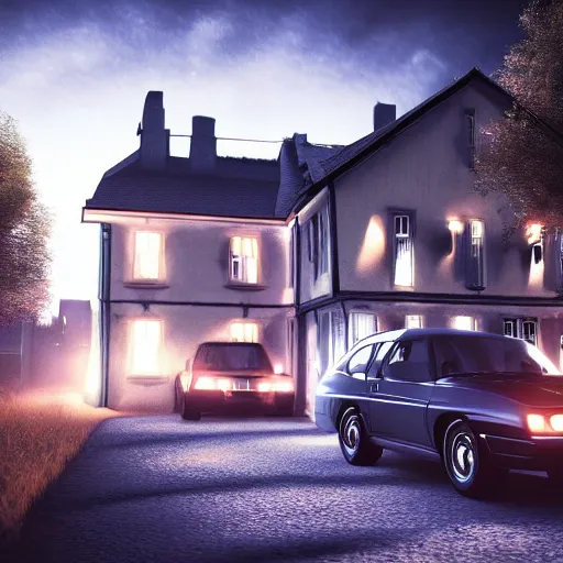 Prompt: dark night, lights, swedish houses, cars driving, realistic, cinematic, raytracing, intense detail, artstation