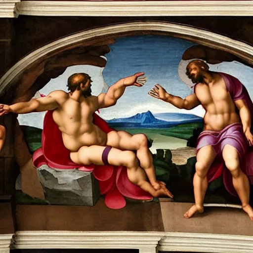 Image similar to The Creation of Adam, god is handing man an iPhone, The Sistine Chapel, Fresco by Michelangelo