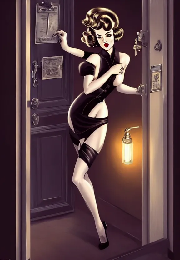 Image similar to A pin-up femme fatale at the door of a small 50’s style private detective’s office, fantasy magic, dark pin-up style hair, dark light night, intricate, elegant, sharp focus, illustration, highly detailed, digital painting, concept art, matte, art by WLOP and Artgerm and Greg Rutkowski and Alphonse Mucha, masterpiece