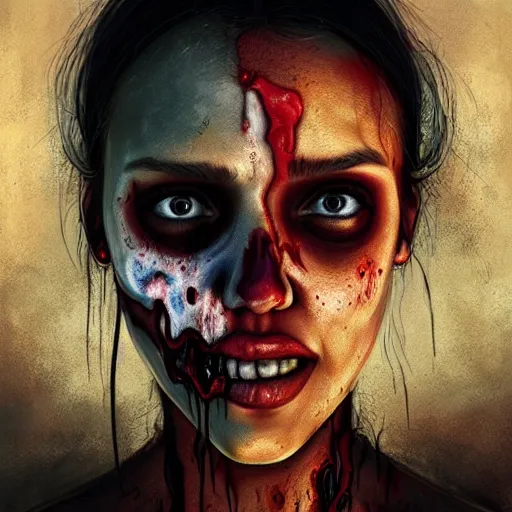 Image similar to color head portrait of jessica alba crying as a zombie, 7 days to die zombie, gritty background, fine art, award winning, intricate, elegant, sharp focus, cinematic lighting, digital painting, 8 k concept art, art by michael hussar, art by brom, art by guweiz and z. w. gu, 8 k