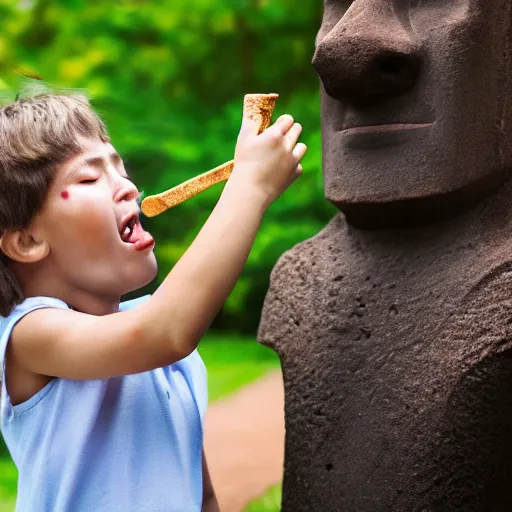 Prompt: a very upset and crying kid holding an ice cream cone but the ice cream is replaced with a small moai statue, 4 k photograph