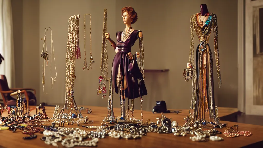 Image similar to a woman made of jewelry stands in the living room, film still from the movie directed by Denis Villeneuve with art direction by Salvador Dalí, wide lens, 4K, realistic