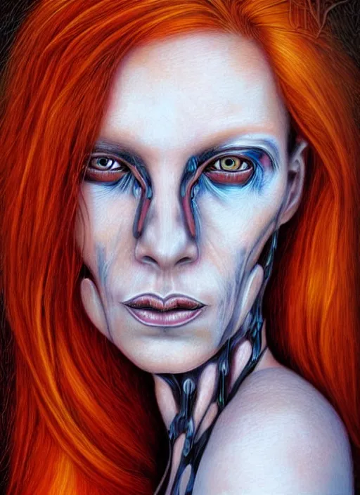 Image similar to biopunk ethereal ginger cyborg portrait by julie bell, intricate biopunk patterns, detailed!, very sharp!!!