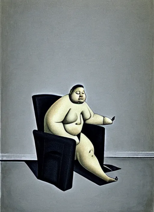 Image similar to fat man sitting on chair, sweat, fat, frustrated, art by gertrude abercrombie