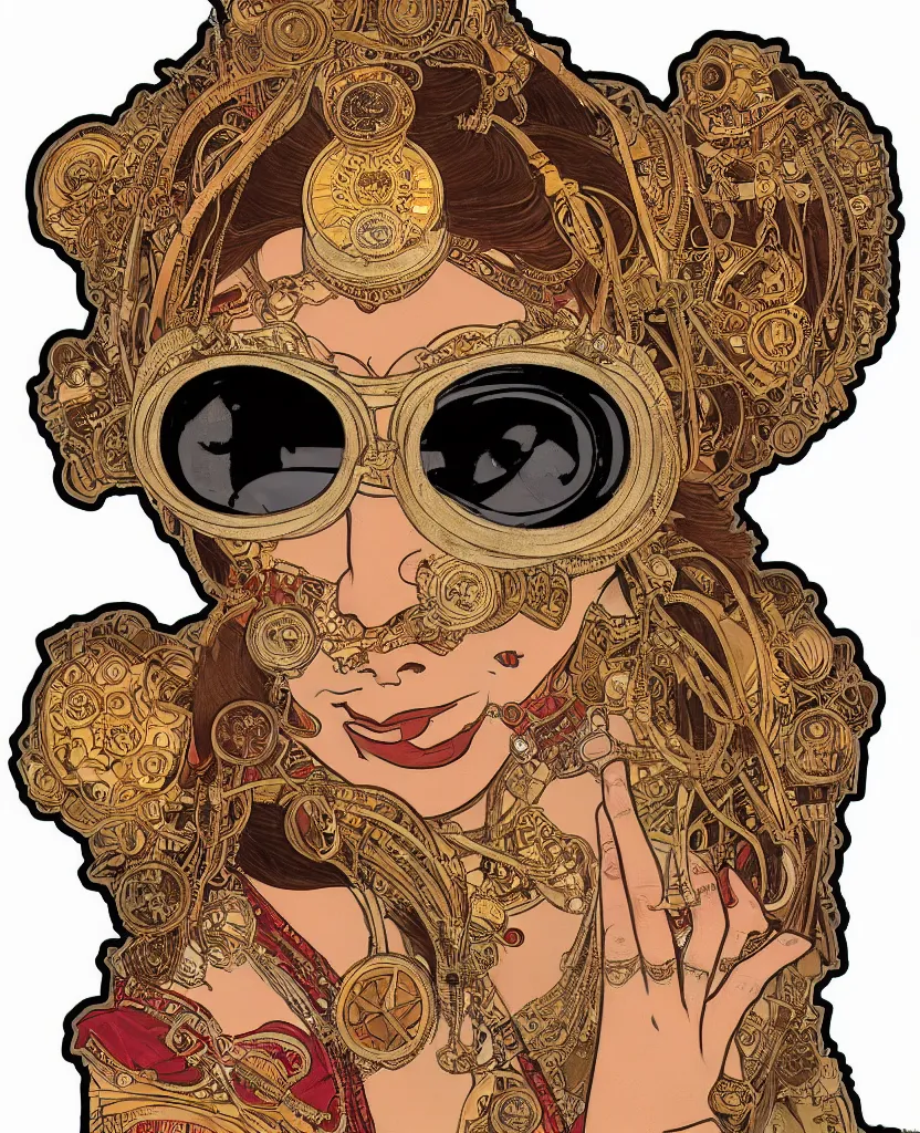 Prompt: face portrait of a kathakali dancer with traditional makeup wearing steampunk goggles, art by alphonse mucha, sticker, one head isolated on white background, one single head, closeup portrait sticker, colorful, illustration, highly detailed, smooth and clean vector curves, no jagged lines, vector art, marvel comics style, artstation, smooth