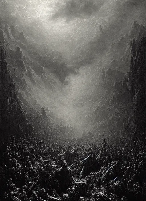 Image similar to hell, epic scene, photorealistic, highly detailed, texture, soft light, dramatic, moody, ambient, painting by gustave dore