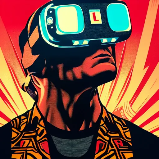 Prompt: Illustrated by Shepard Fairey and H.R. Geiger | Cyberpunk Jean claude van damme with VR helmet, surrounded by cables