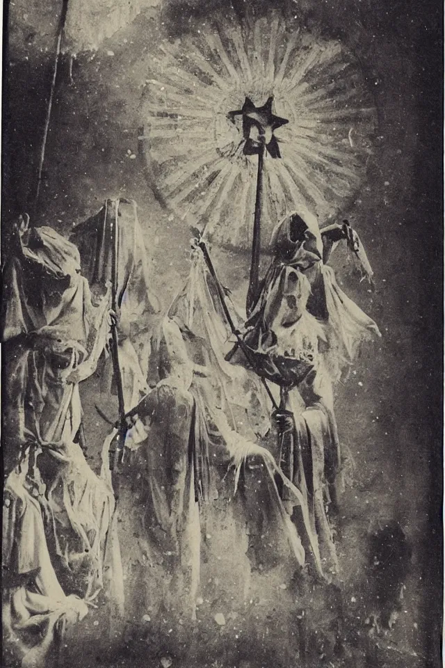 Image similar to wet plate sun tarot card victorian era, ghosts in the background, in the time of plague, no borders