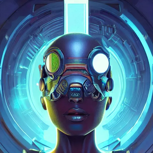 Image similar to african biopunk bounty hunter, science fiction, highly detailed, digital painting, beautiful eyes, symmetry, concept art, sharp focus, illustration, global illumination, radiant light, synthwave colors, detailed and intricate environment, art by artgerm and greg rutkowski and magali villeneuve and ilya kuvshinov!