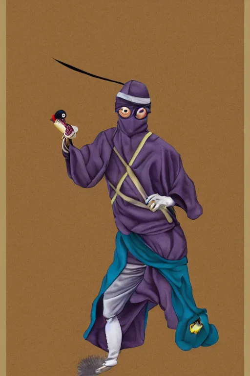 Image similar to a portrait of a pigeon ninja, in the style of david lachapelle