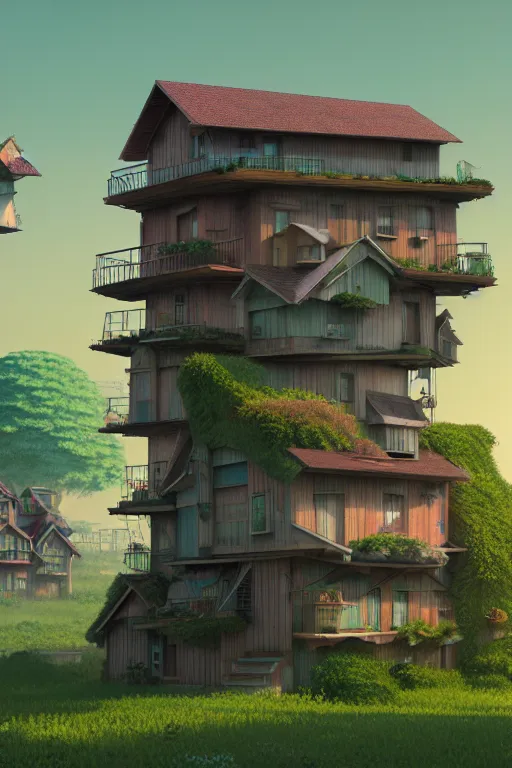 Image similar to stacked houses, solarpunk, jean - baptiste monge, studio ghibli, octane render, 4 k