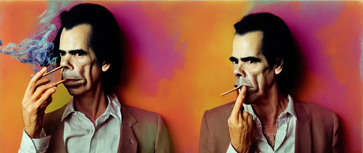 Prompt: award winning photo of NICK CAVE smoking DMT, vivid colors, happy, symmetrical face, beautiful eyes, studio lighting, wide shot art by Sally Mann & Arnold Newman