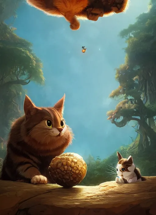 Image similar to round antropomorphic acorn and cat in world adventure movie by nuri iyem, james gurney, james jean, greg rutkowski, anato finnstark. pixar. hyper detailed, 5 0 mm, award winning photography, perfect faces