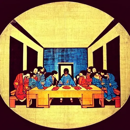 Prompt: “A old Japanese woodblock style painting of The Last Supper by Leonardo da Vinci”