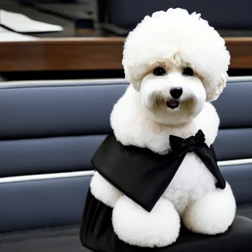 Image similar to a closeup photorealistic illustration of a smiling bichon frise judge wearing a black gown at the bench and commanding the courthouse. this 4 k hd image is trending on artstation, featured on behance, well - rendered, extra crisp, features intricate detail and the style of unreal engine.