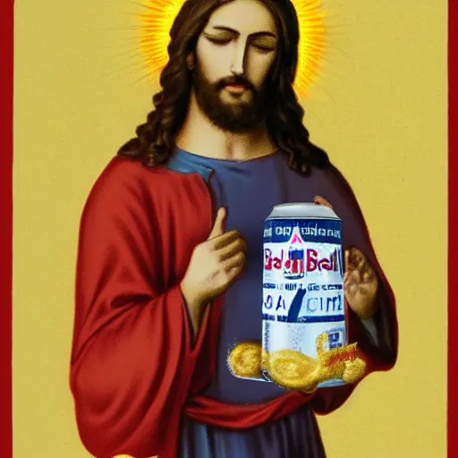 Image similar to jesus holding a can of Redbull