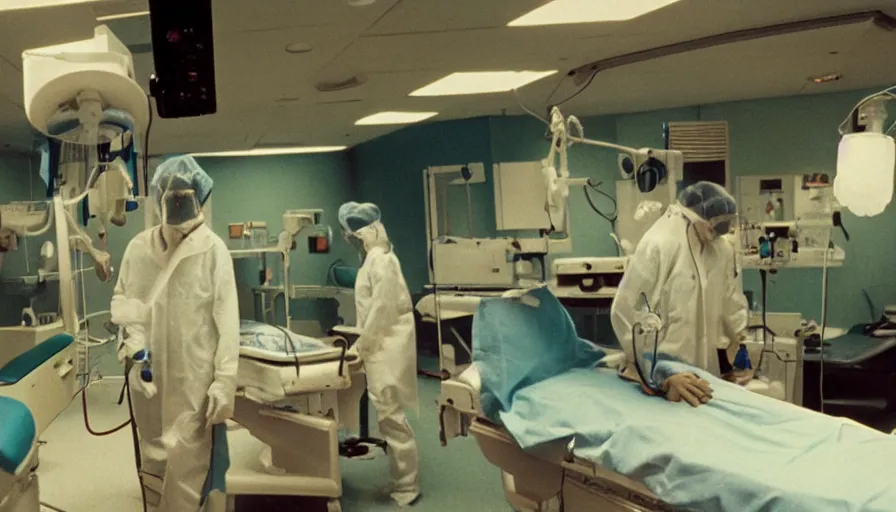 Image similar to 7 0 s film still from a horror movie about one person inside of an operating room, surgery, kodachrome, cinecolor, cinestill, film grain, film texture, retro, cinematic, high resolution, photorealism,