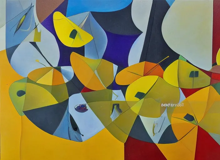 Image similar to abstract composition with lemons and umbrellas, oil on canvas, in the style of salvador dali,