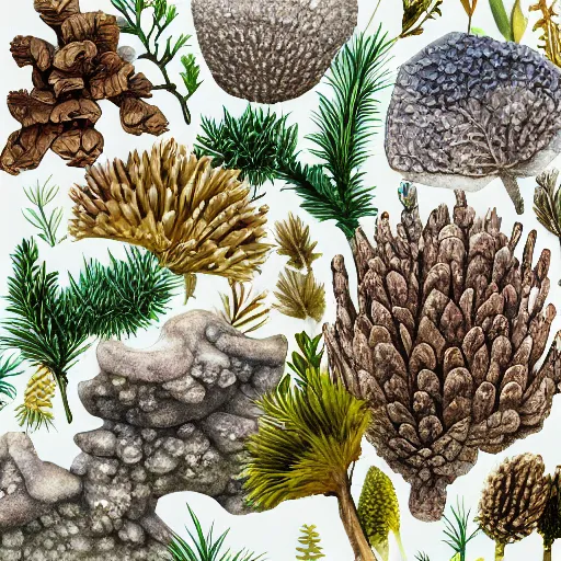 Image similar to delicate coastline mountain garden on paper, stony, puffy, botanical herbarium, botanic watercolors, iridescent, 8 k wide angle, realistic shaded, fine details, artstation, italian, rainbow, colonnade, oak, pinecone, pomegranade, vines, gardena architecture, pompeian, sicilian