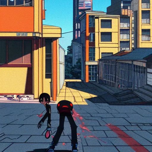 Image similar to city street, sloped street, city on tall hillside, street scene, rollerbladers grinding on rails, skaters, rollerskaters, cel - shading, 2 0 0 1 anime, flcl, jet set radio future, golden hour, japanese town, concentrated buildings, japanese neighborhood, electrical wires, cel - shaded, strong shadows, vivid hues, y 2 k aesthetic