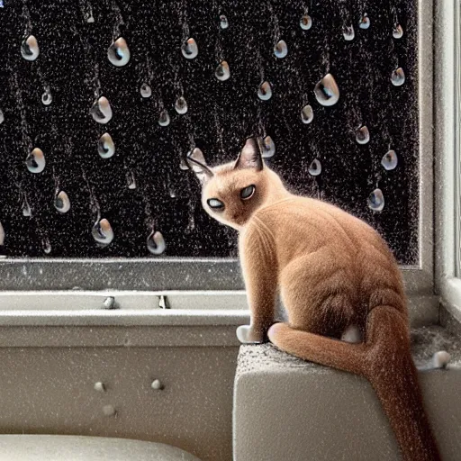 Image similar to a siamese cat staring out of a window with rain droplets flowing down during a thunderstorm, hyperrealistic, cinematic