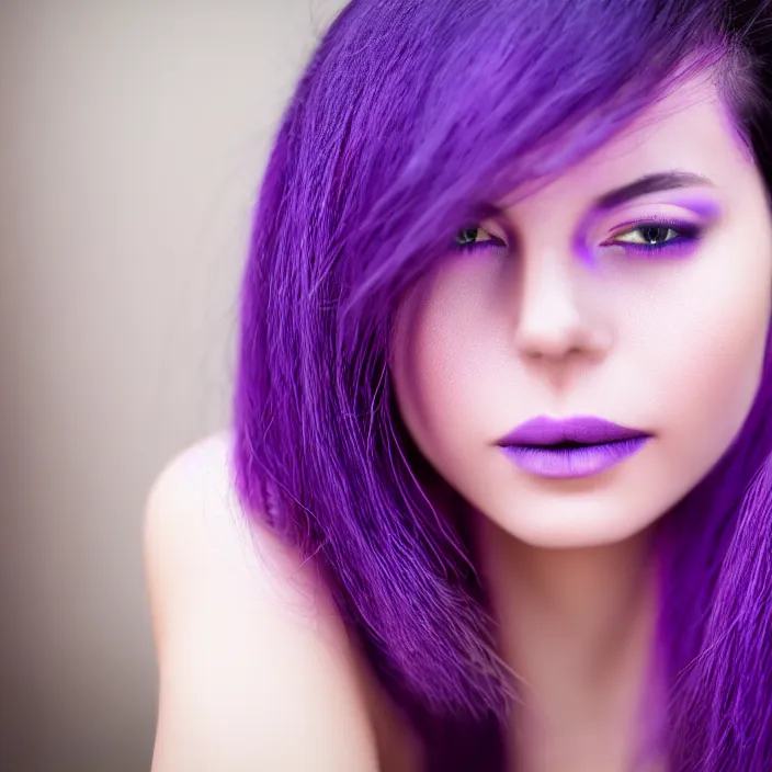 Prompt: photograph of a beautiful! woman with purple skin!!!!!!!. extremely detailed. dslr. 5 0 mm.