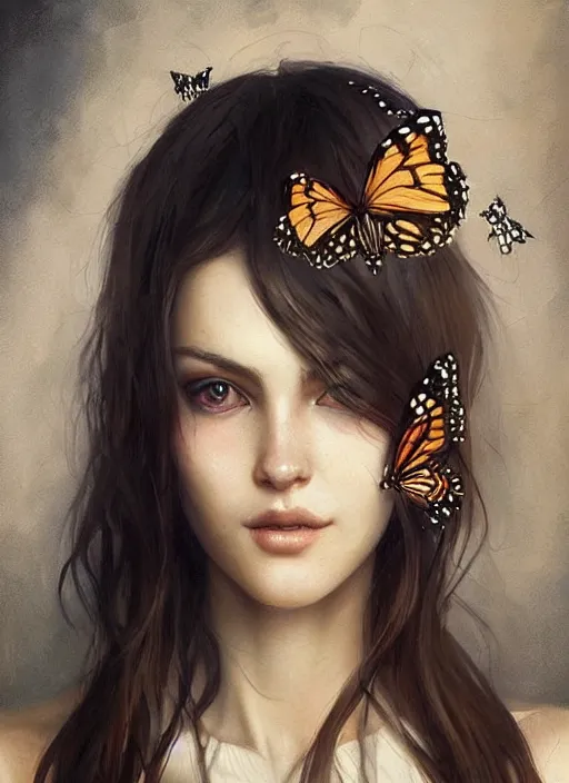 Prompt: a woman with butterflies on her face. beautiful highly detailed face. painting by artgerm and greg rutkowski and raymond swanland.