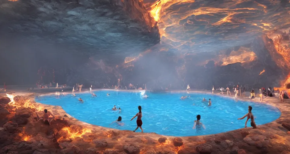 Prompt: swimming pool inside a volcano. Instead of water, there is lava and people are swimming and playing inside. 4k, high detail, volumetric lighting