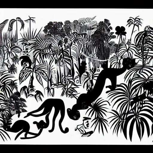 Image similar to black and white painting of the jungle with jungle animals, el guernica style,