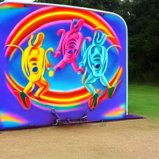 Image similar to dancing laughing clowns, fairground airbrush art on fairground equipment