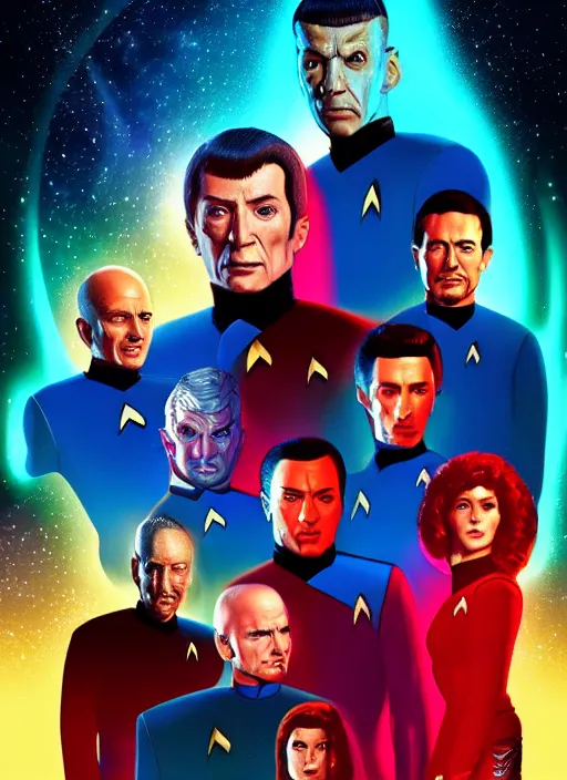 Image similar to Star Trek TNG crew portrait photo, Cyberpunk 2049, highly detailed, pop art poster, vector art, Unreal engine, Octane render, Weta digital, HDRP, RTX, volumetric lighting, poster artwork by Michael Whelan and Tomer Hanuka